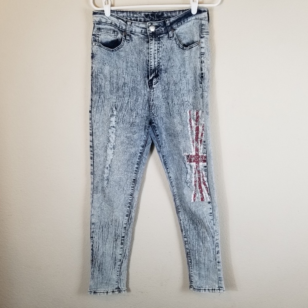 VIP Distressed Stretch Union Jack Size 13/14  stone washed jeans GU in great